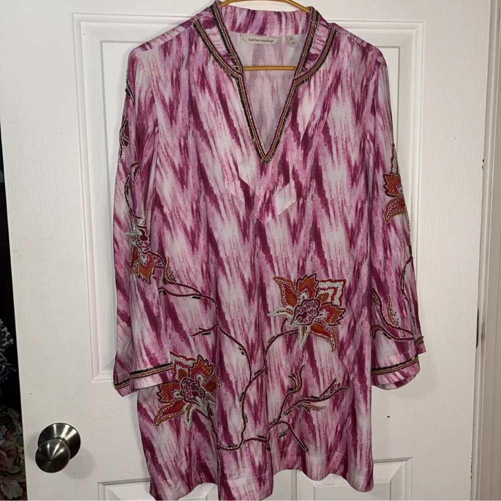 Soft Surroundings Boho Pink Tunic Embroidery & Bead Floral Design 3/4 Sleeve